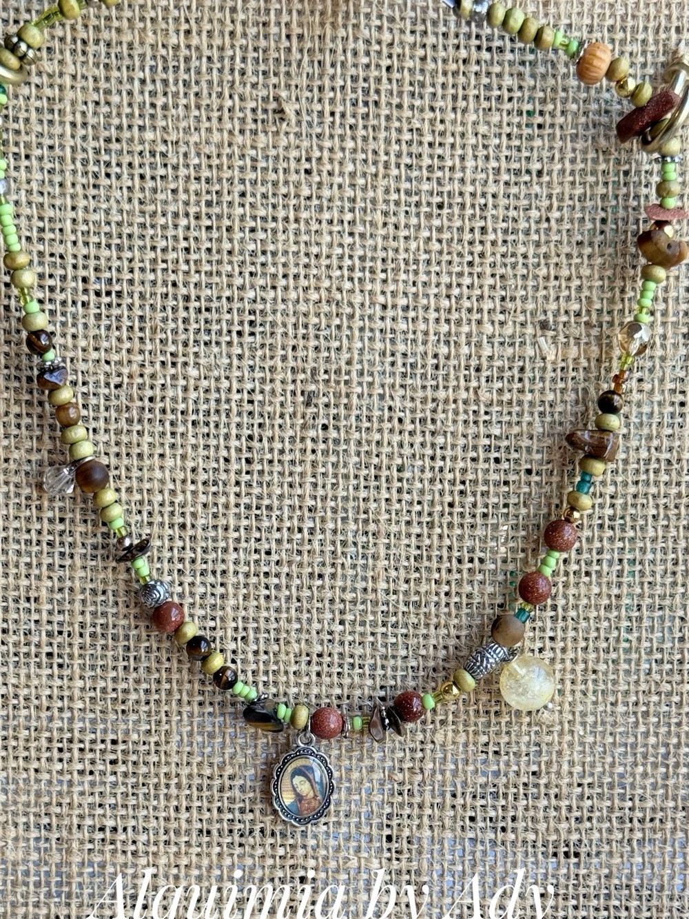 GUADALUPANA Green and Brown sunstone Beaded Charm Necklace